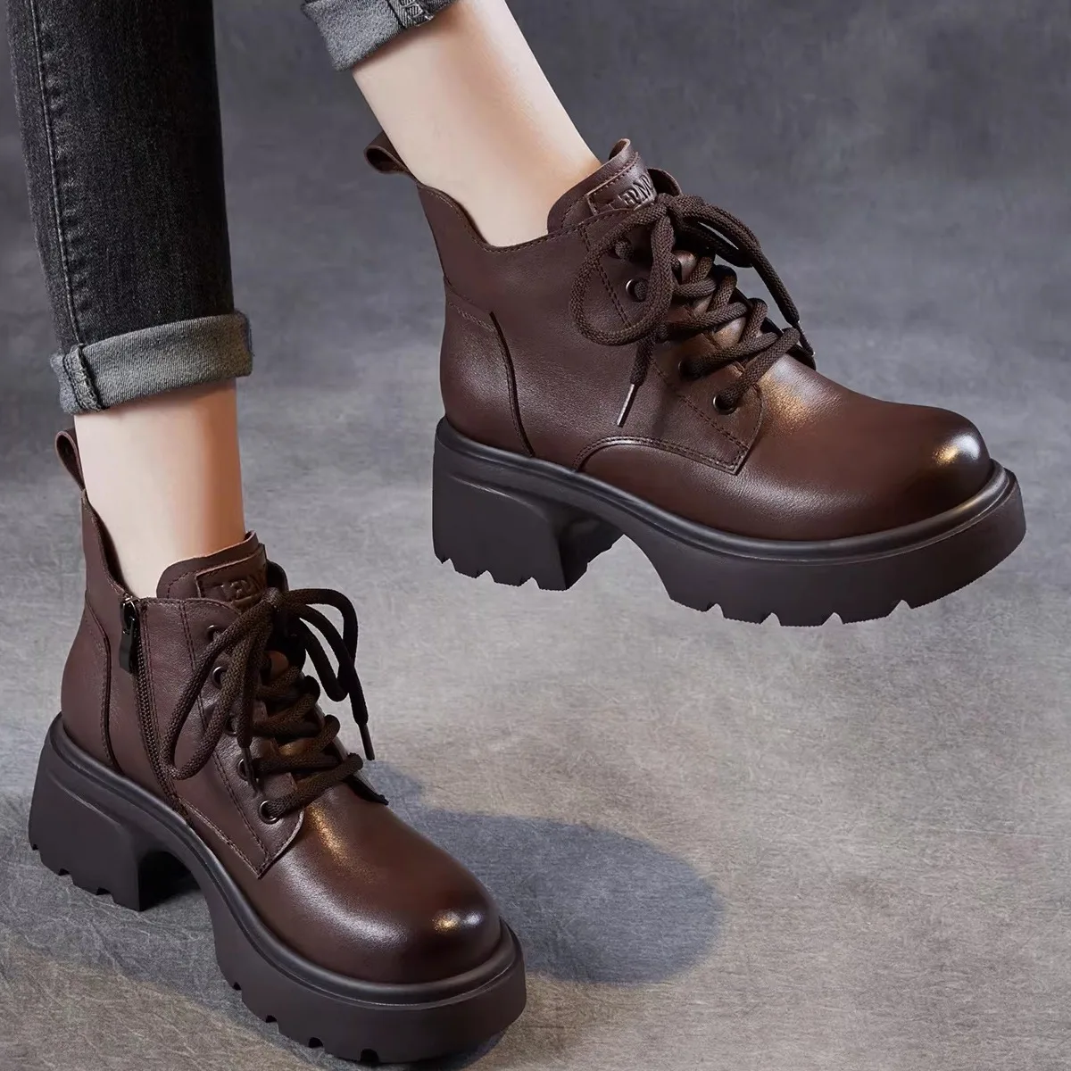 

Women's Boots Thick Bottom Fur Lined Genuine Leather Lace up High Top Boots Spring Summer Autumn Winter All Seasons