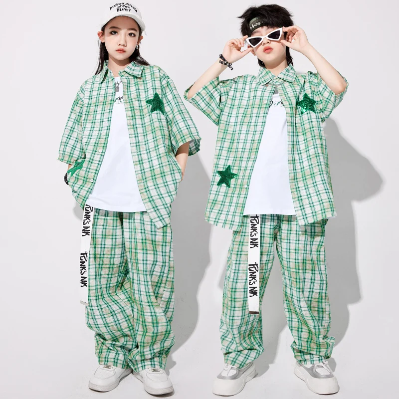 Jungen Hip Hop Grün Kariertes Hemd Street Dance Hosen Mädchen Süße K-pop Bluse Kinder Streetwear Kid Jazz Kostüm Kleidung set