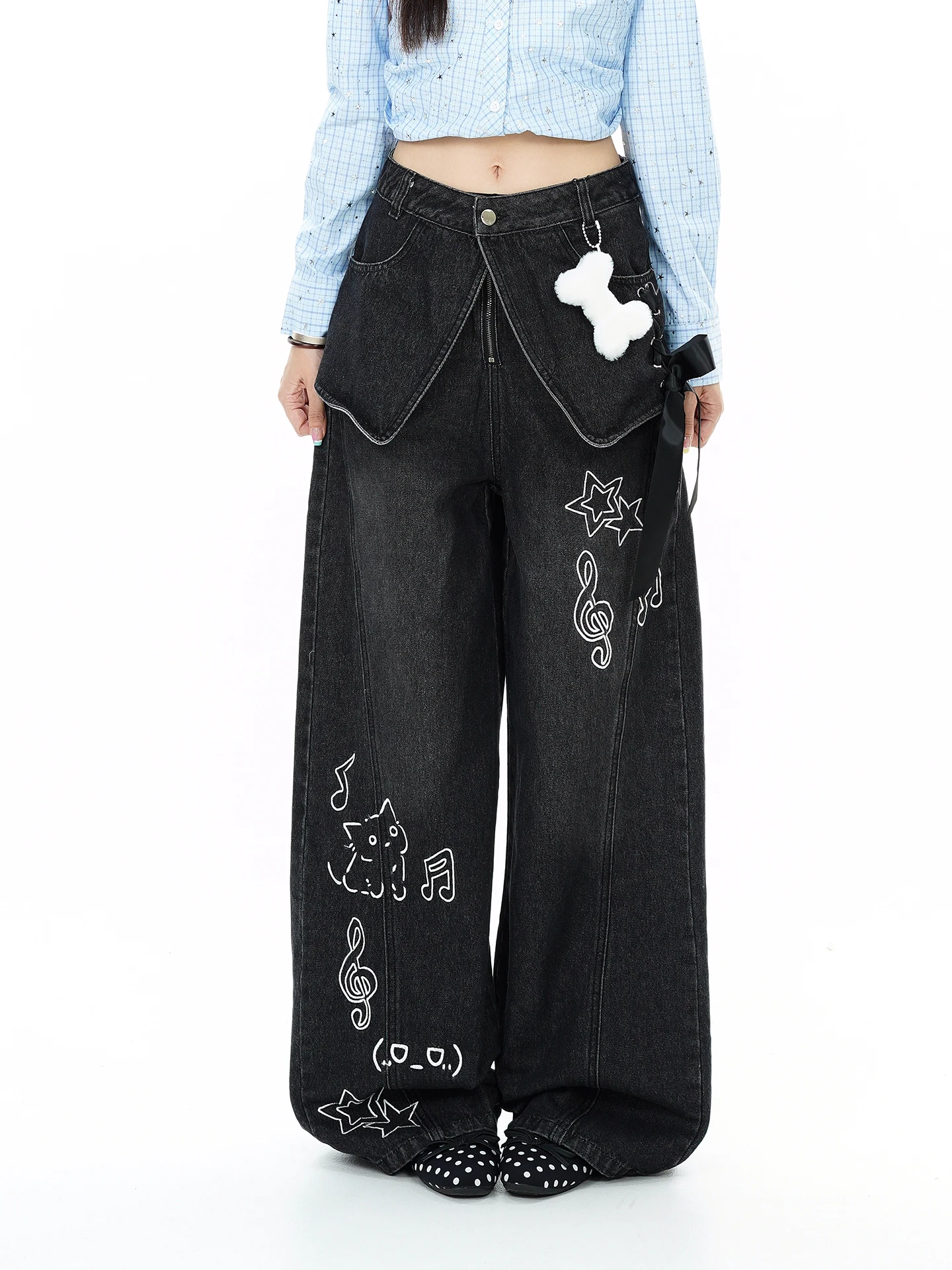 Sweet Cool Style Bone Pendant Fake Two-Piece Jeans Loose Women's Fashion Autumn New Arrival Wide Leg Pants Trendy Casual Wear