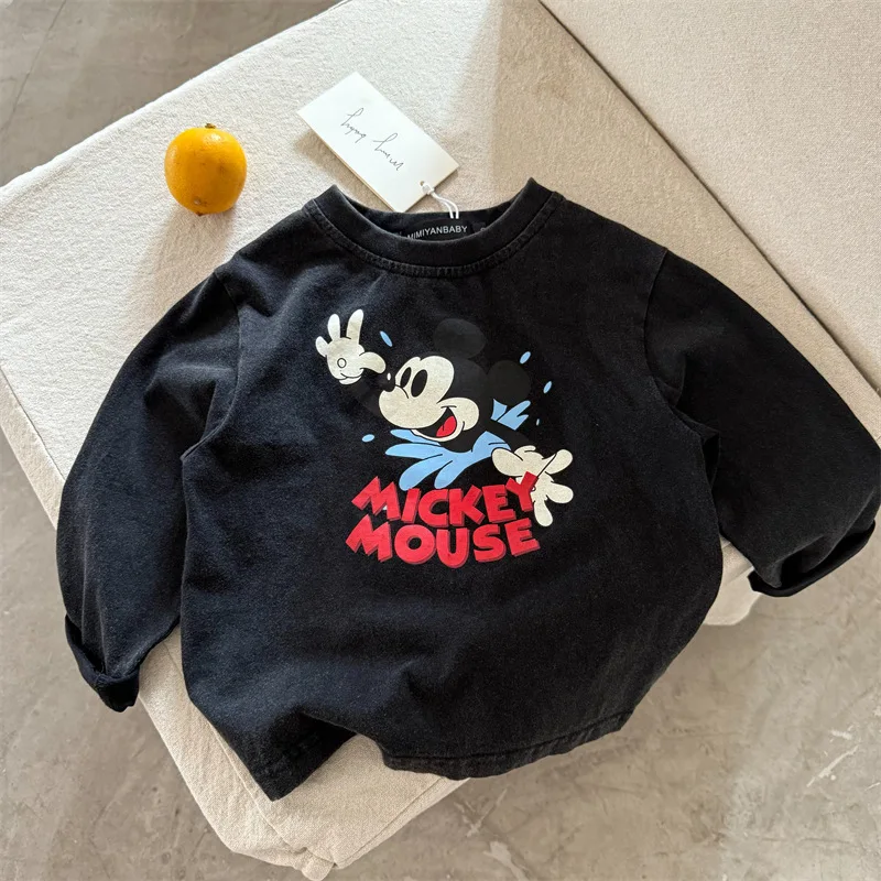 

Disney Mickey Long Sleeve T-shirt For Children Korean Fashion Vintage Cartoon Printed Tops Casual Loose Autumn Kids Tees