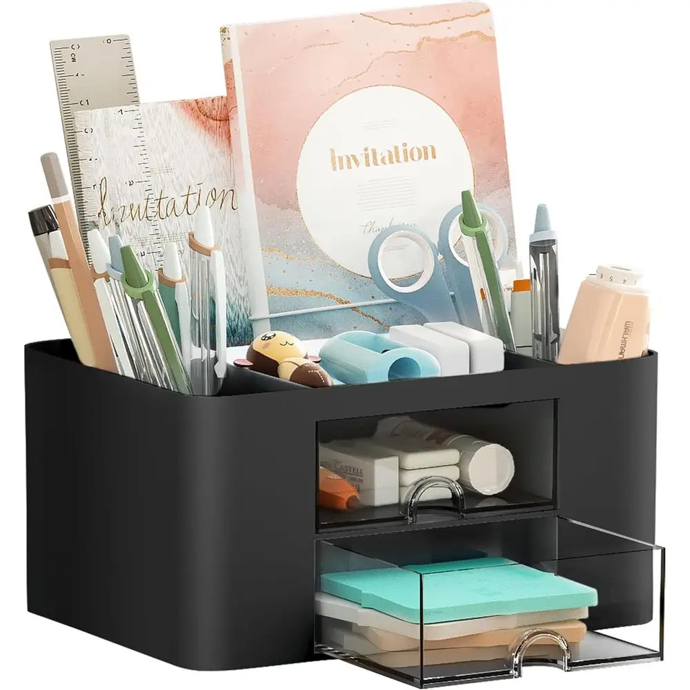 

Multi-Functional 2-Drawer Pencil Holder and Desk Organizer with 5 Components, Black Office Art Supplies