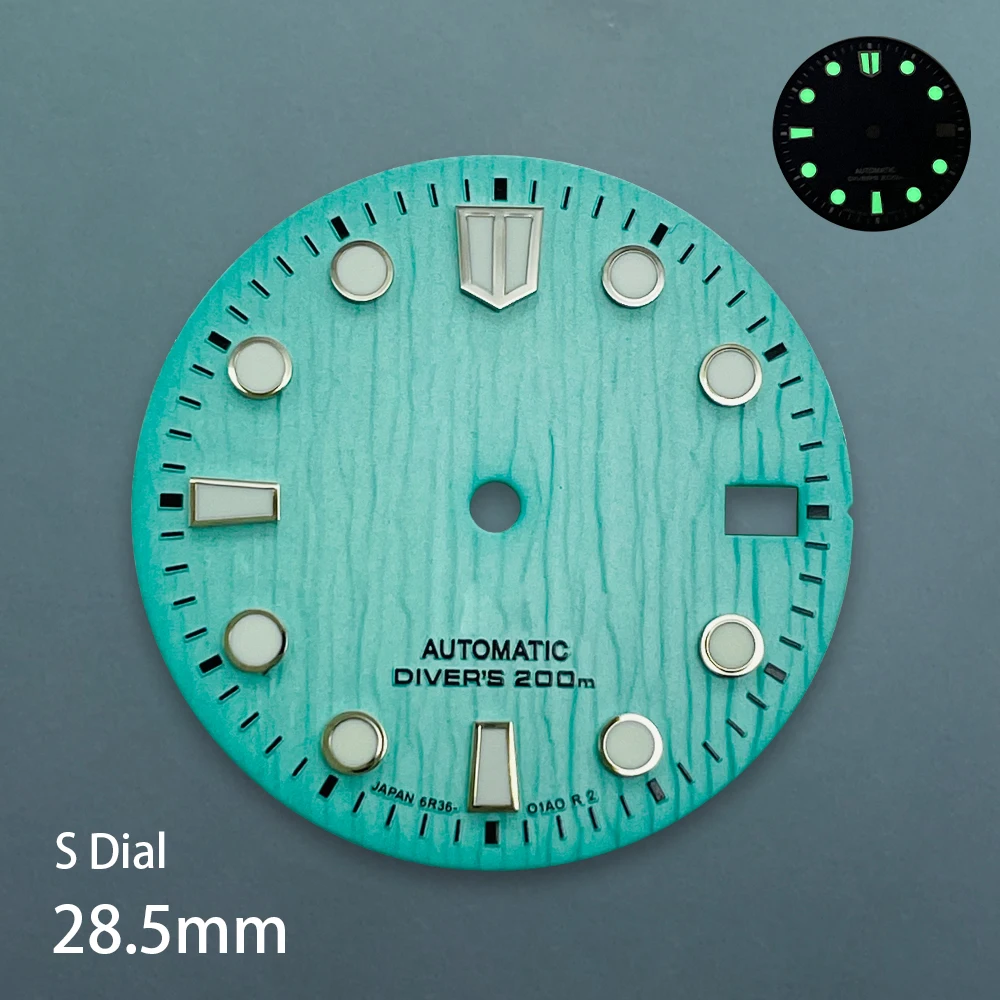 28.5mm S Logo Bark Dial Suitable For NH35/NH36/4R/7S Japan Movement Green Luminous High Quality Watch Refit Accessories