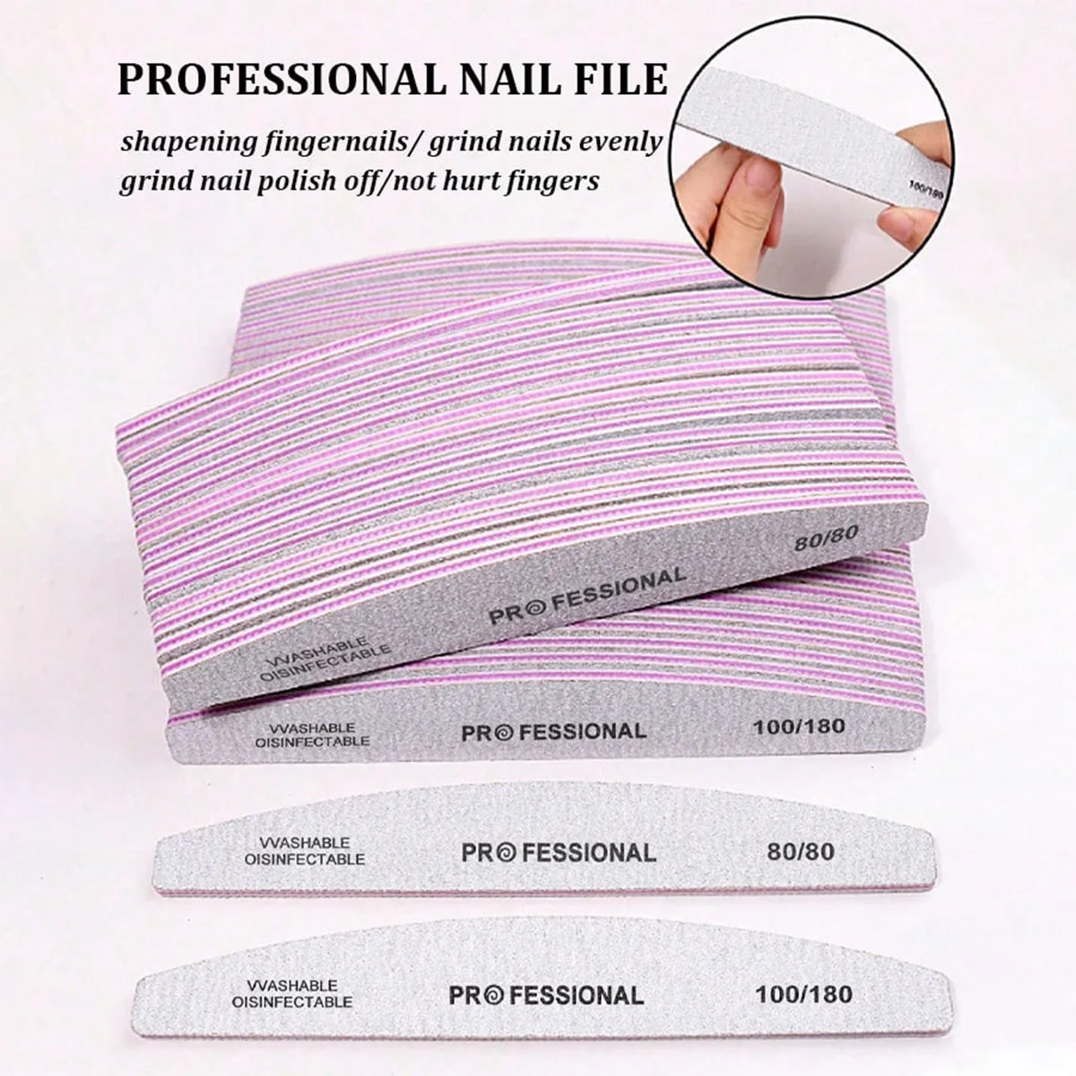 5/10/25pcs 100/180 Grit Double Sided Washable Nail Files, Professional Fine Texture Nail Buffers for Natural Nails
