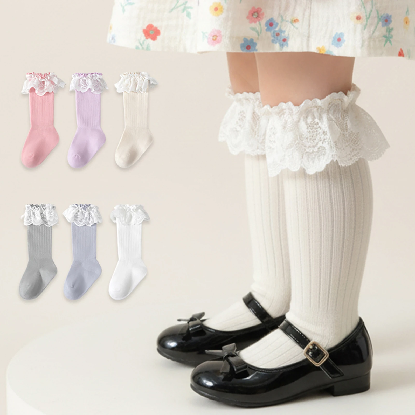 Infant Baby Girls Knee High Socks Holiday Cute Lace Trimmed Mid Calf Socks Stylish Comfortable Socks for Daily Looks