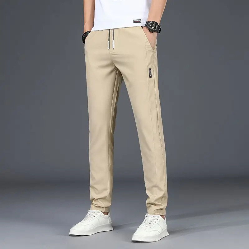 

Новинка лета 2024, мужские классические повседневные брюки из ледяного шелка, мужской эластичный прямой пиджак, брюки, формальные шикарные брюки цвета хаки