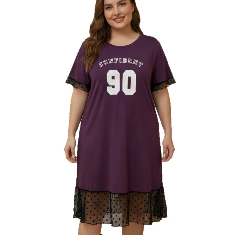 

Plus Size Loose Pajamas Women Summer Short-sleeved Letter Print T-Shirt Dress Lace Ruffle Trim Long Nightgown Sleep Loungewear