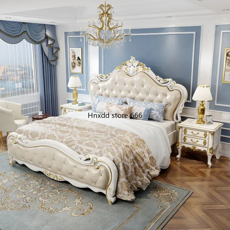 European Luxury Modern Double Bed Frame Mattress Storage Solid Wood Princess Bed Queen Size Cama Bedroom Set Furniture