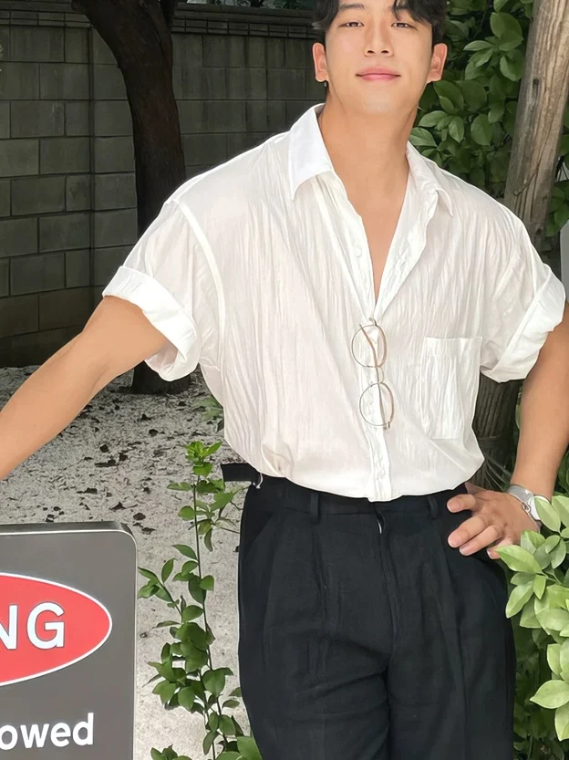 

American Vintage Cotton Linen Pleated Shirt Men Single Pocket Workwear Short Sleeve Lightweight Breathable Linen Casual Shirt
