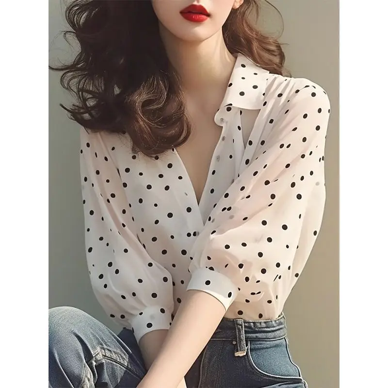 Women Summer Korean Polka Dot Temperament Appear Thin Polo-Neck 3/4 Sleeve Chiffon Shirts Women Clothes Casual All-match Top Tee