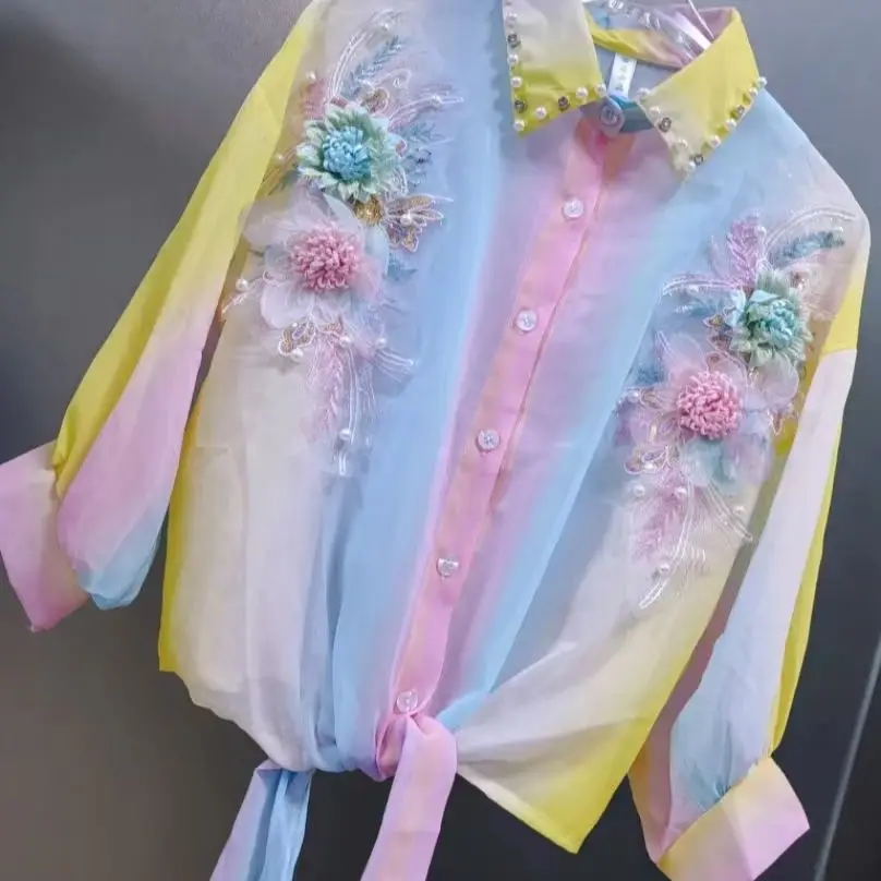 Blusas con protección solar de gasa de arcoíris y flores de estilo lujoso, camisas para mujer, ropa de calle, Tops cortos de verano, ropa Popular coreana