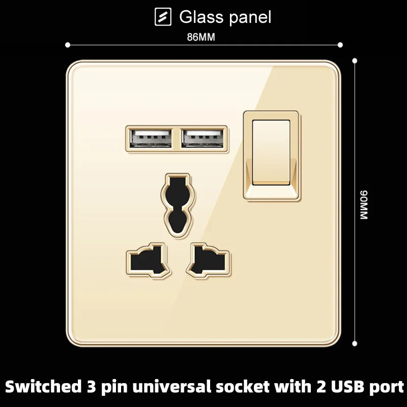 Gold Crystal Glass UK Malta Africa Hongkong Standard Wall Sockets Electric 2USB Type C Fast Charge USB Outlets