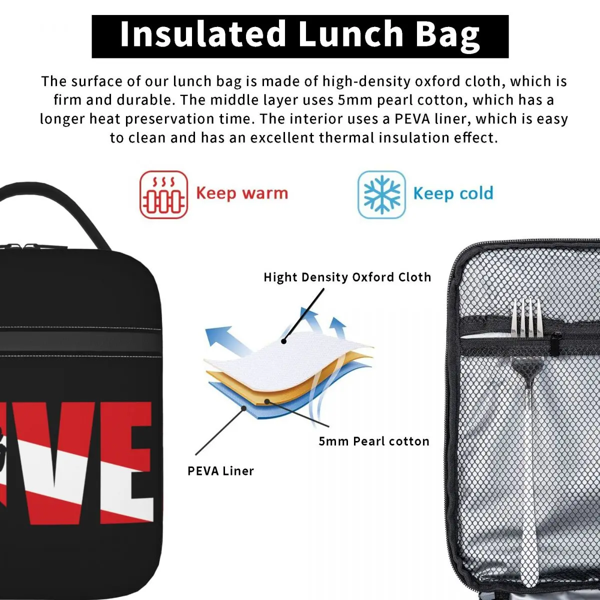 Sac à lunch isotherme avec logo de plongée, boîte à lunch portable réutilisable, sac fourre-tout frais avec poche pour le travail, garder au chaud