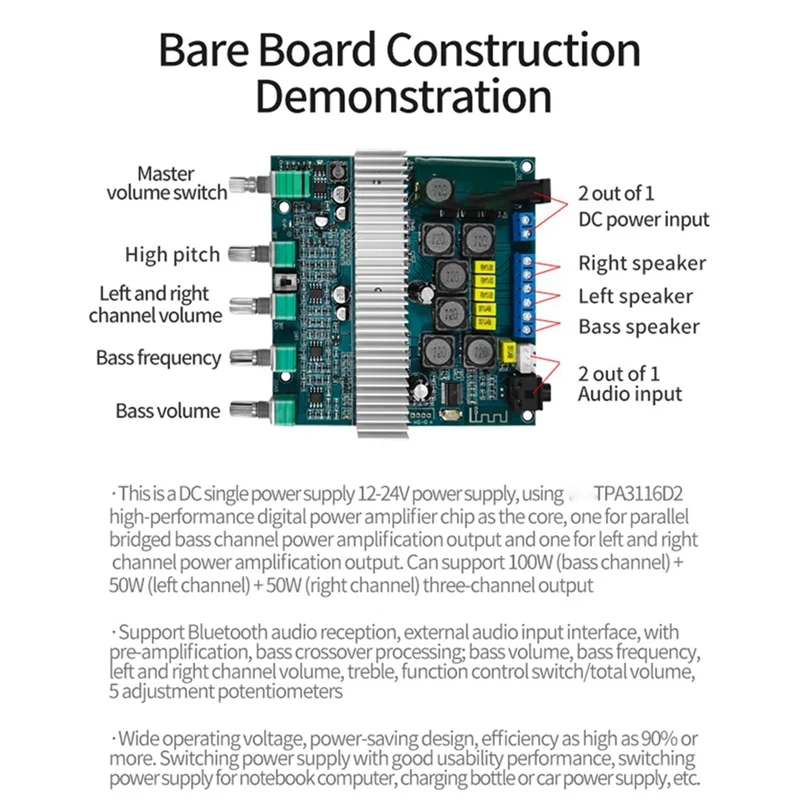

T35C TPA3116 Bluetooth Amplifier Board 2.1 Channel High Power Bluetooth 5.0 Audio Amplifiers DC12V-24V 2X50W+100W