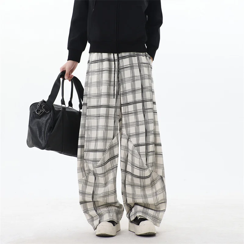 

2026 New Men's Casual Plaid Striped Straight-leg Pants High Street Fashion Corduroy Drawstring Trousers Y2K Retro Sweatpants