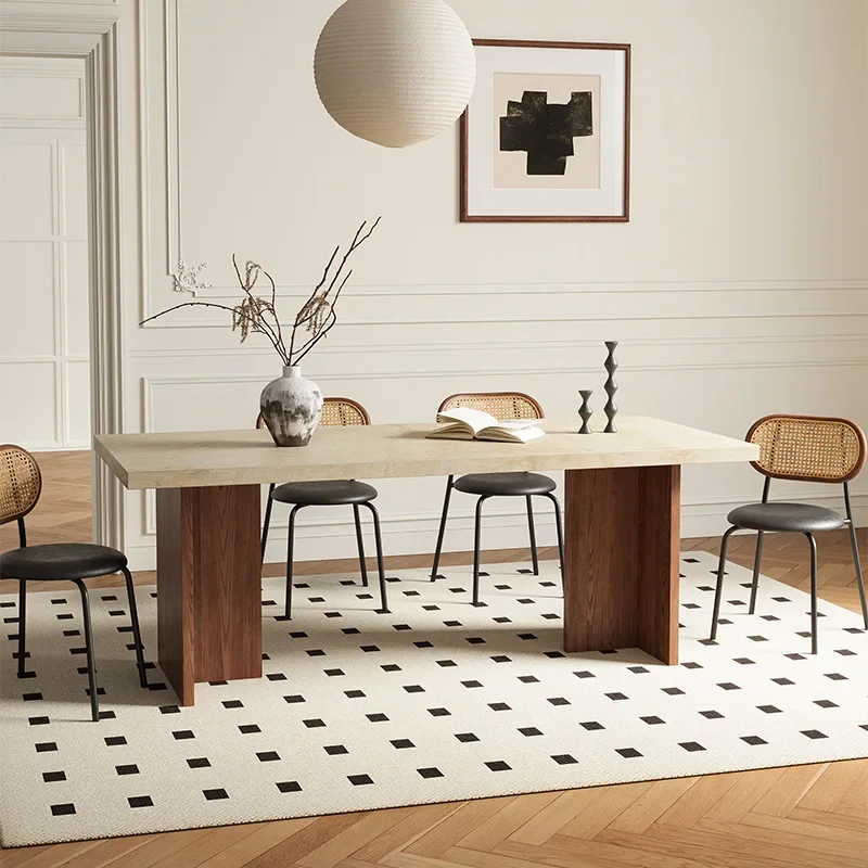 French retro style solid wood, ash wood dining table, travertine rock slab dining table, modern simple rectangular large
