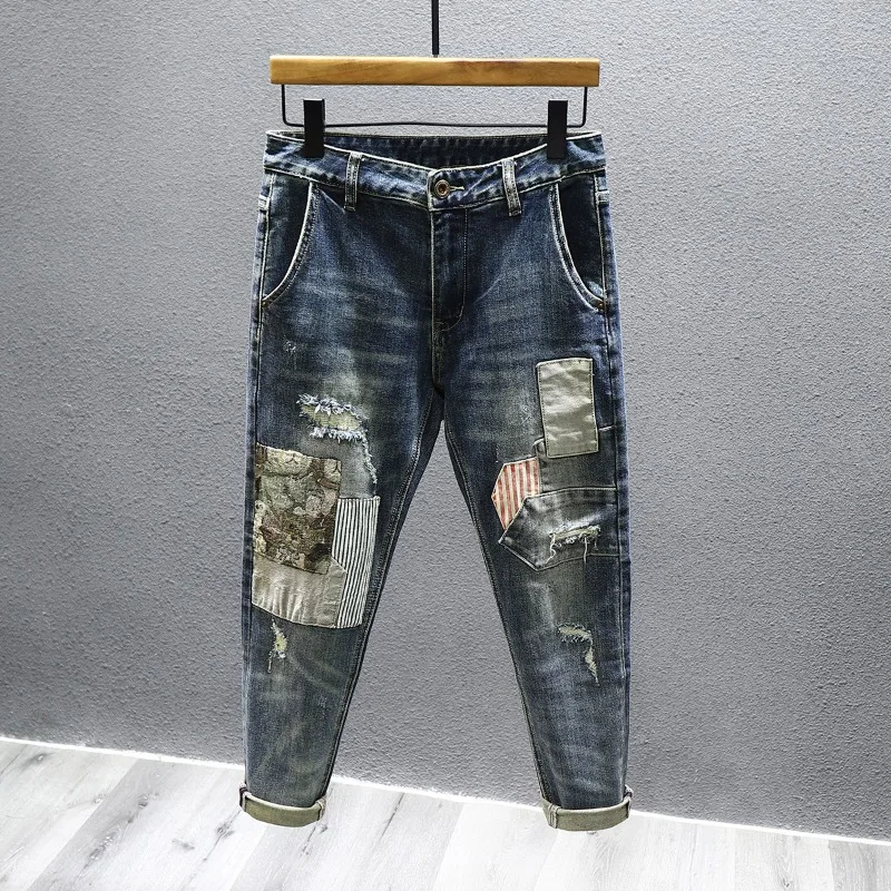 

Men's Fashion Stretch Splicing Jeans Slim Personality Street American Retro Y2k Denim Trousers Distressed Ripped Pants Male