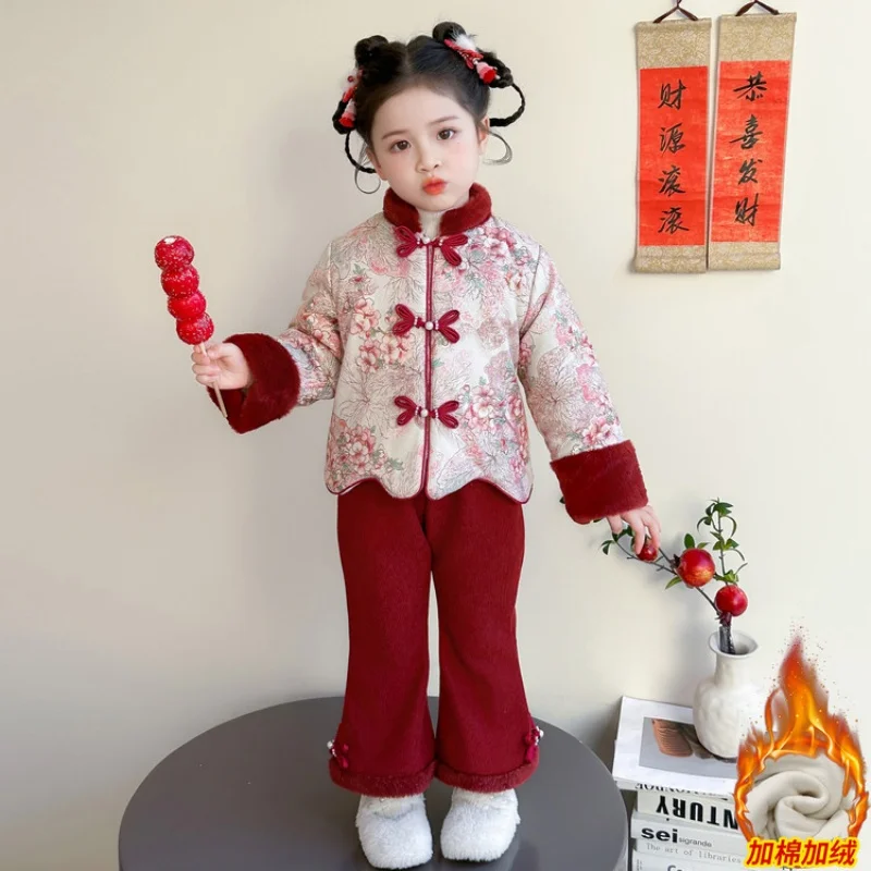 Girls Hanfu Suits Winter Children Tangsuit Traditional Chinese New Year Customes Kids Thicken Warm Coat+Pants 2 Pieces Sets