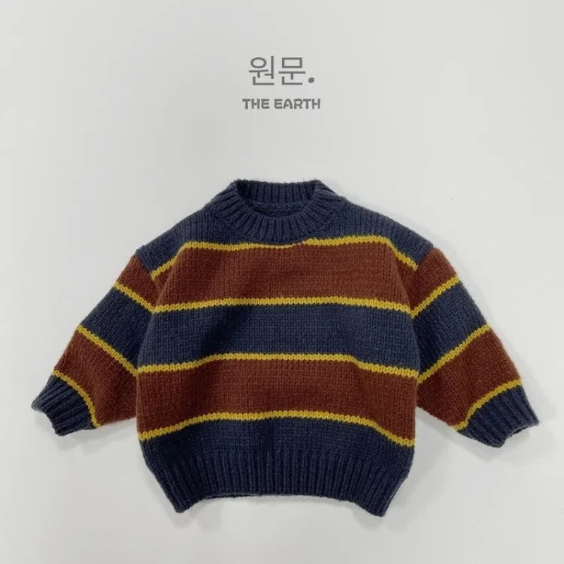 Retro Children's Autumn and Winter Coarse Yarn Pullover Sweater for Boys and Girls Forest Style Retro Striped Sweater