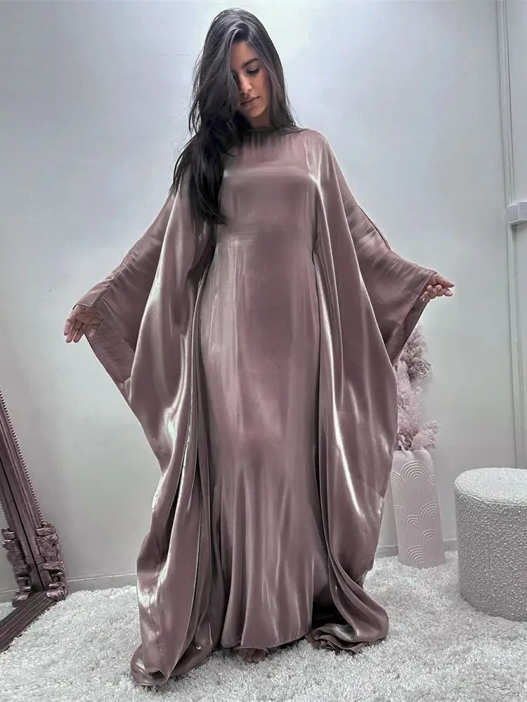 Ramazan yaz Batwing kollu saten kelebek Abaya Islam islami maksi elbise Kebaya kadın Kaftan Robe Musulmane Femme Vestidos