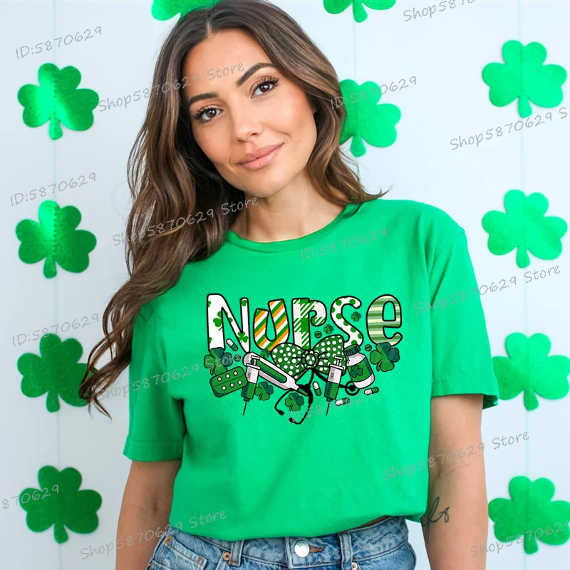 Nurse Medical Supplies Graphic Women T-shirts St Patrick's Day Fashion Short Sleeve Gift Tops Green Clover Nurse Lucky Tshirt