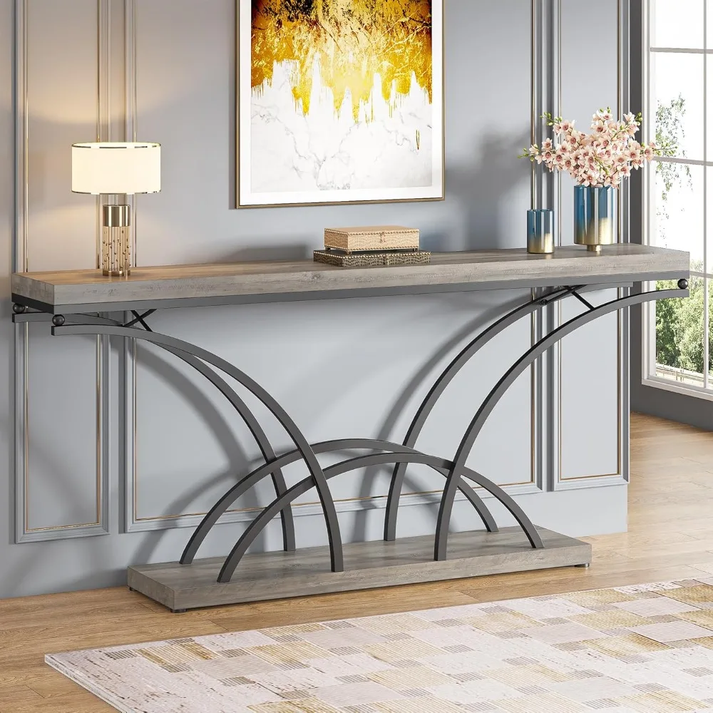 70.9 Inch Extra Long Console Table for Entryway, Sofa Table with Wood Tabletop, Modern Accent Tables with Half-Moon Shape Legs