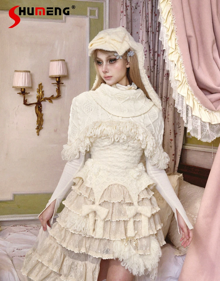 التصميم الأصلي سيدة الشرير الحلو شال محبوك الخريف الشتاء المرأة الرجعية أنيقة شرابة لوليتا كوس شال قصير الأميرة شال #3