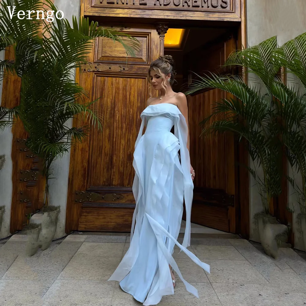 

Verngo Light Blue Strapless Chiffon Evening Dress Draped Ruffle Prom Party Gown for Women Elegant Wedding Guest Dress