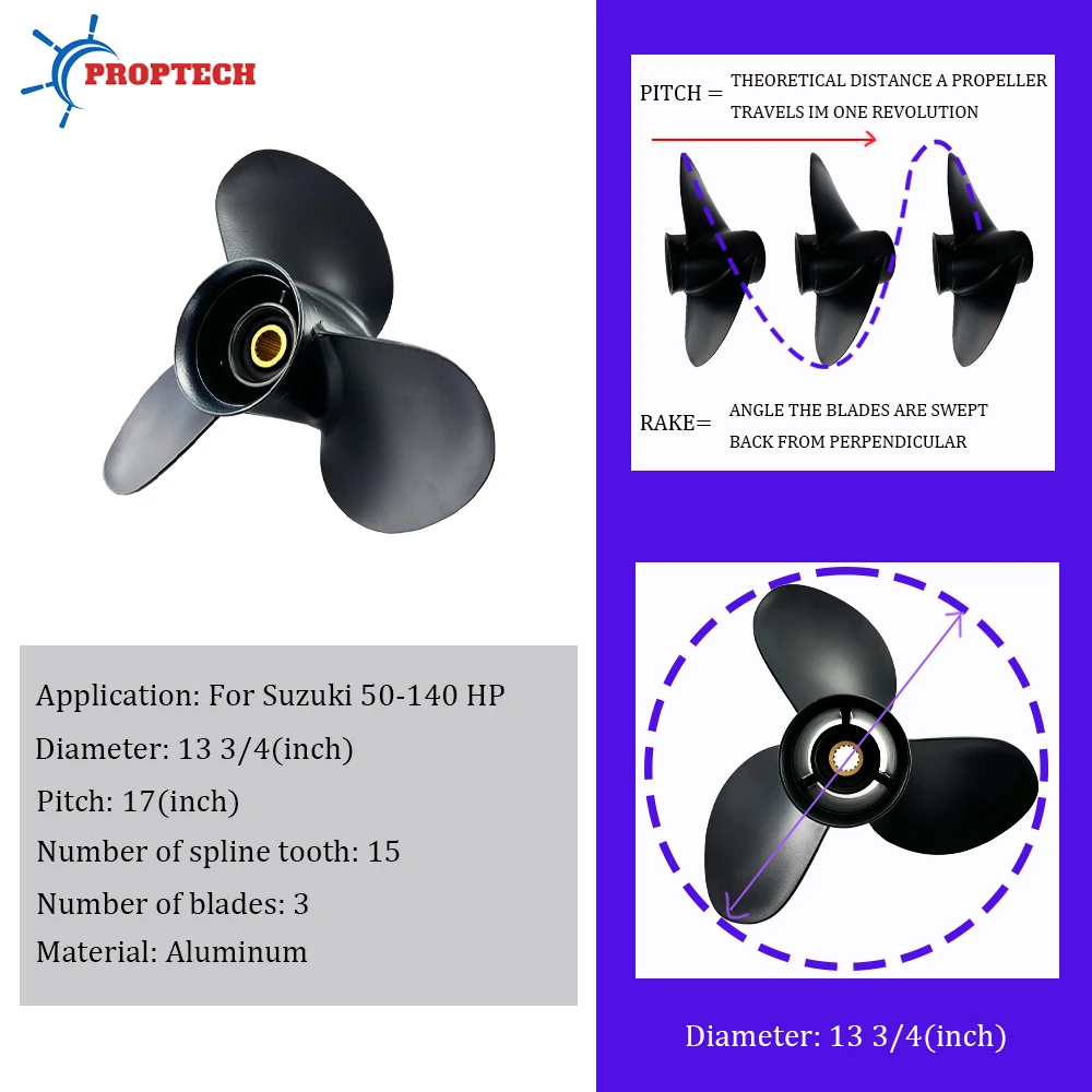 Boat Propeller Fit 60hp 70hp 90hp 100hp 115hp 140hp Suzuki 13 3/4×17 Aluminum Alloy Outboard Engine Part 3 Blade 15 Spline Tooth