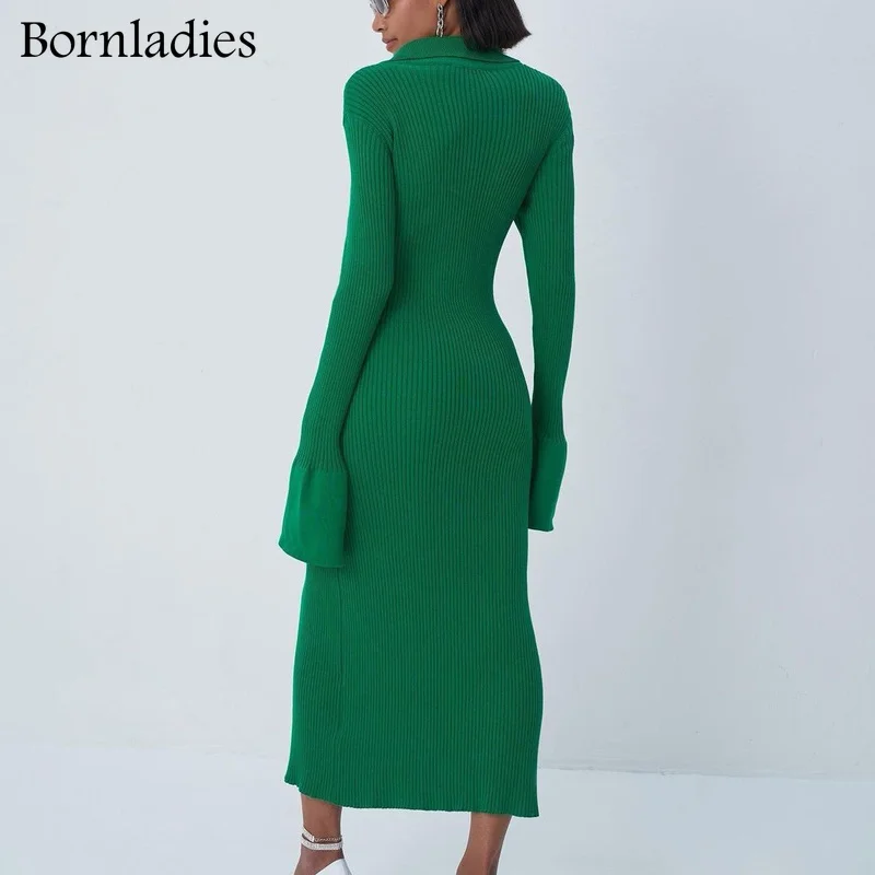 Bornladies Donna 2021 Autunno Nuovo Stile delle Donne a maniche lunghe con scollo a V Bottone lungo Manica svasata Donna Abito maglione verde