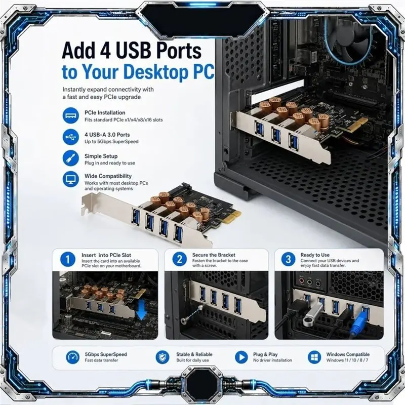 4 Ports Pcie X1 USB 3.0 Expansion Card USB-A 5Gbps Adapter Card For Desktop PC SATA Power DTC711.11