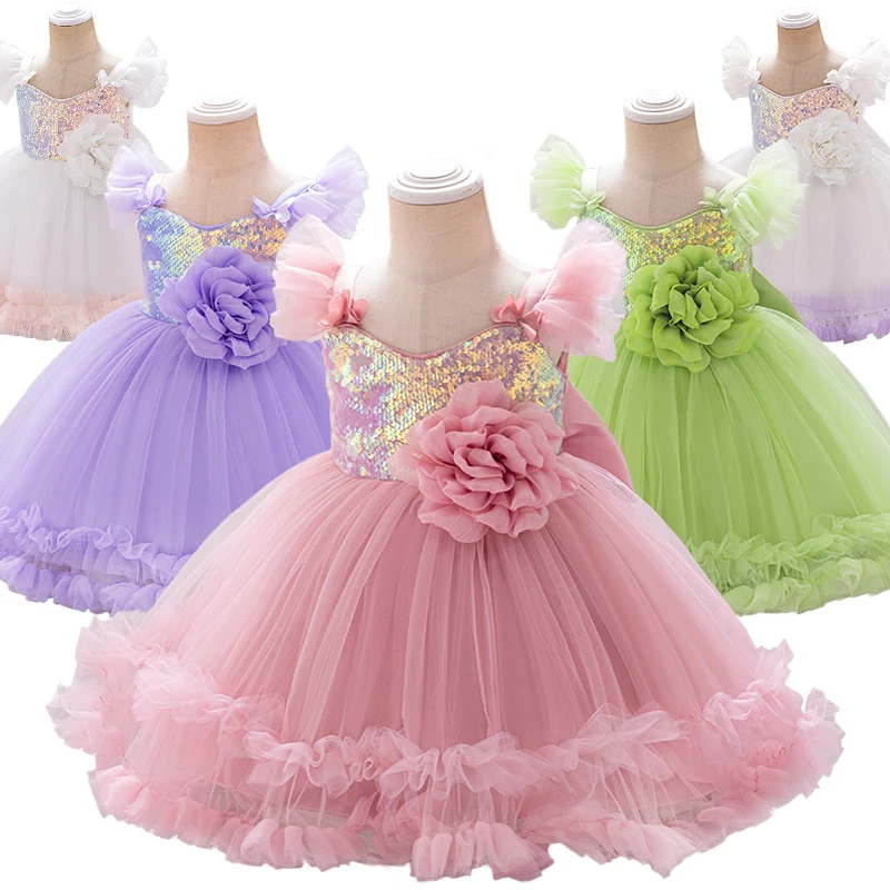 

2025 Flower Baby Girl Christening Dress Toddler Fluffy Tulle Sequins Elegant 1 2Years Birthday Party Dresses Infants Ball Gowns