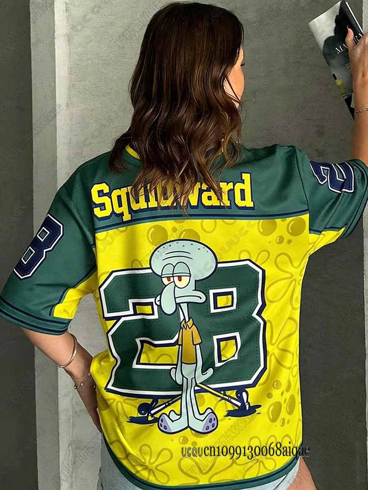 Cartoon SpongeBob Print T-shirts For Women Summer V-Neck Patchwork Short Sleeve Sports Football Jersey Y2K Loose Oversized Tops image 3
