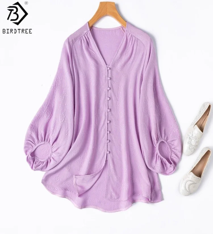 

Birdtree 20MM 100% Silk Purple Shirt,Women Guanle Crepe Lantern Sleeves V-neck Single Breasted Blouse,2025 New T58202JF