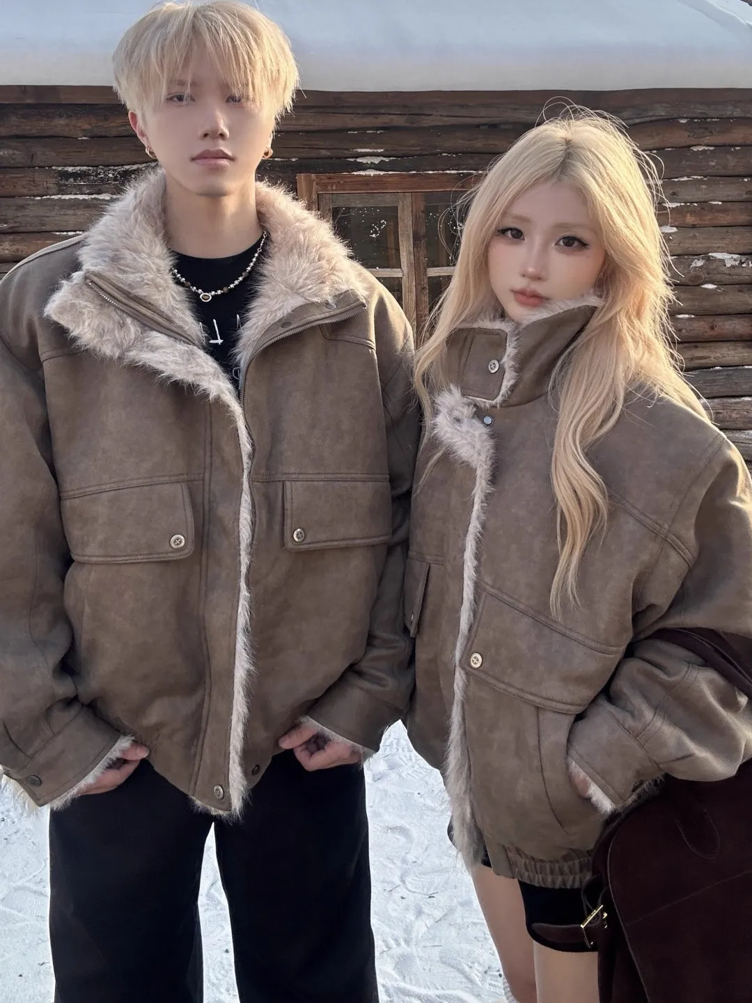 

Thiened Suede Jaet with Fur Collar for Men And Women Motorcycle Sle Warm Cotton Coat Couple Matching Casual Wear