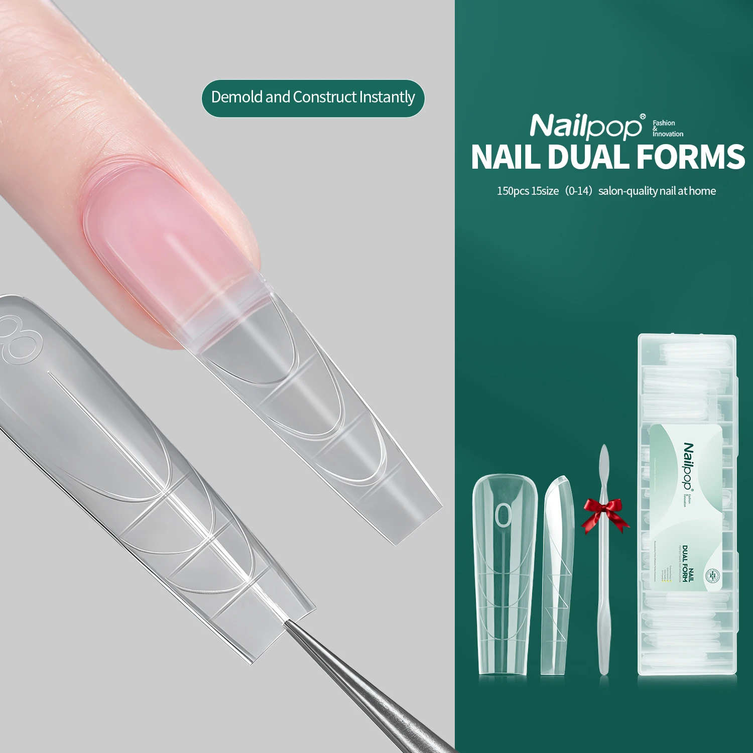 

Nailpop Nail Dual Forms, 150 шт., 15 размеров, типсы для наращивания ногтей, легкая отделка, длина, направляющие линии для профессионального гелевого инструмента для дизайна ногтей