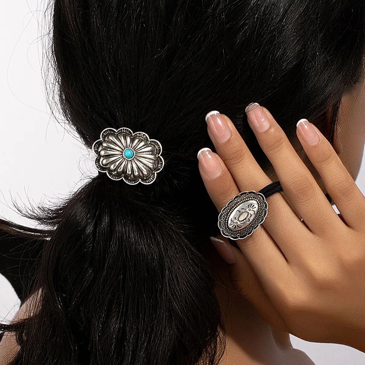 Western Style Hair Rope Metal Turquoise Rubber Band for Women Personality Retro Ponytail Holder Hair Tie Hair Accessories