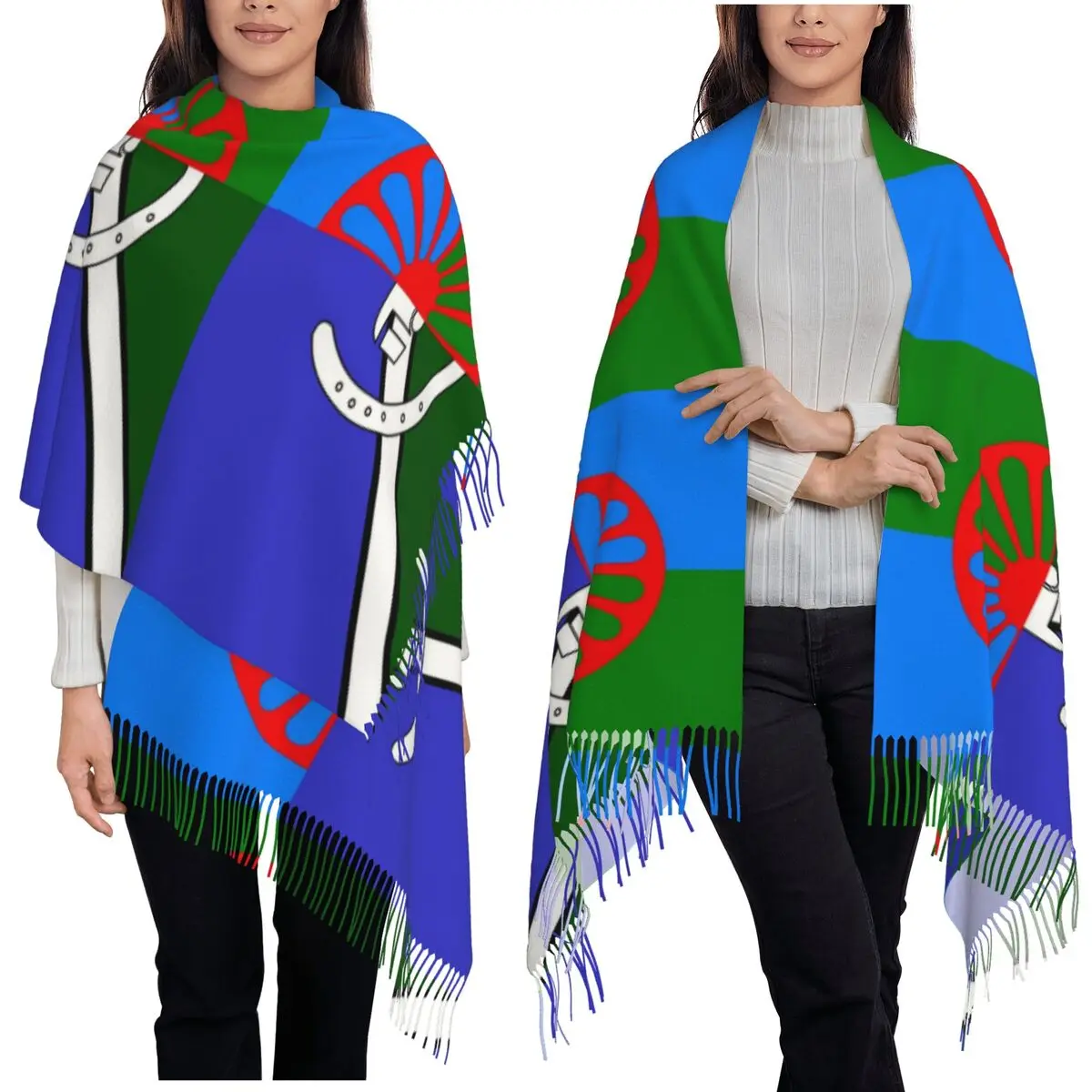 

Шарф Romany с цыганским флагом, шарфы с кисточками для женщин, мягкие теплые шали и накидки, длинная осенне-зимняя шаль
