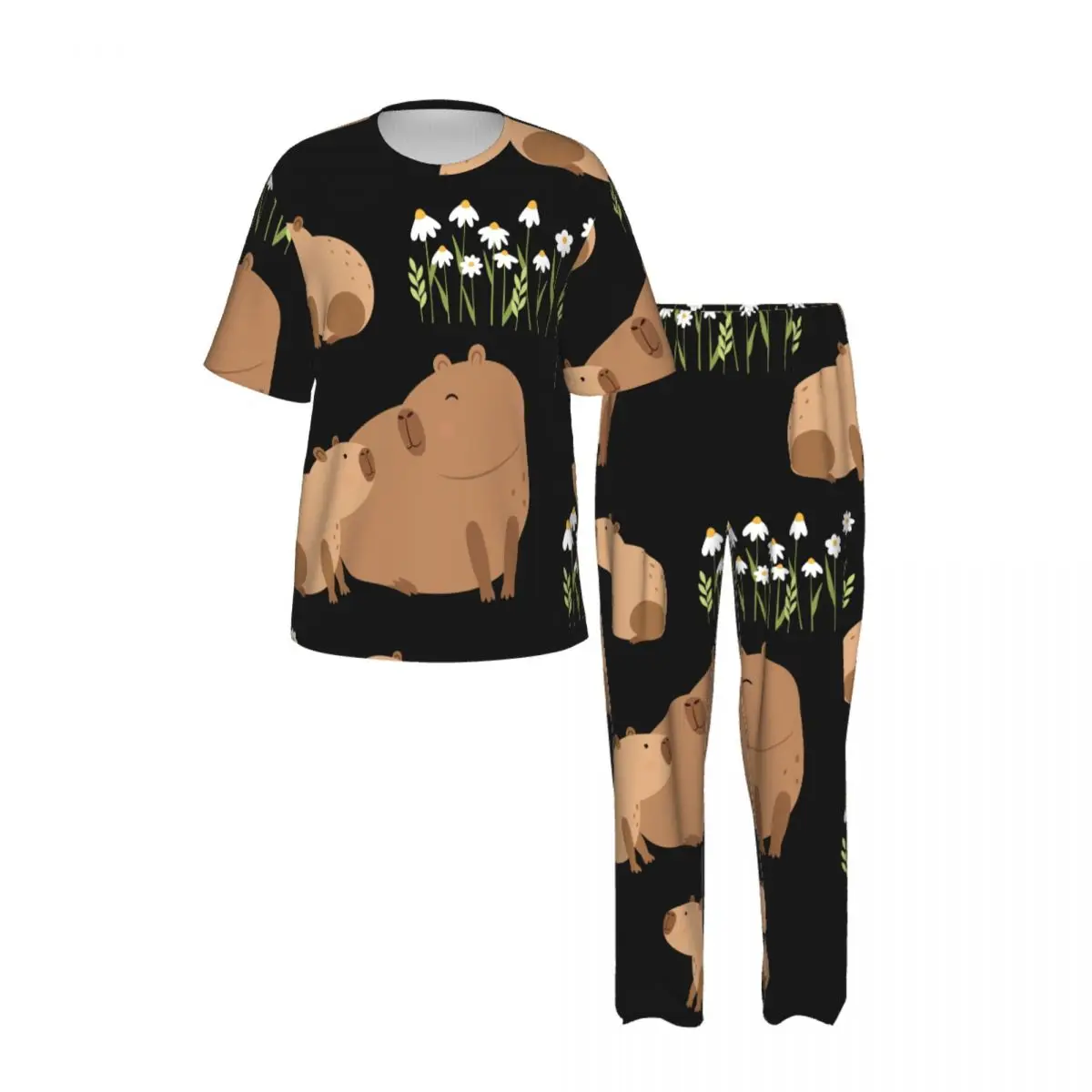 Men Pajamas Set Capybara Pattern Short Sleeve Spring Summer Lounge Sleepwear Male Nightwear