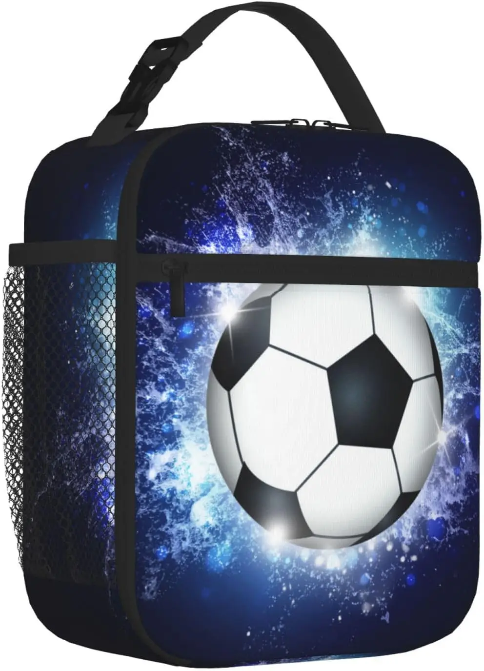 Sports Lunch Box with Soccer Pattern Print Blue Insulated Lunch Bag Ice Packs Containers Tote Handbag with Water Bottle Holder