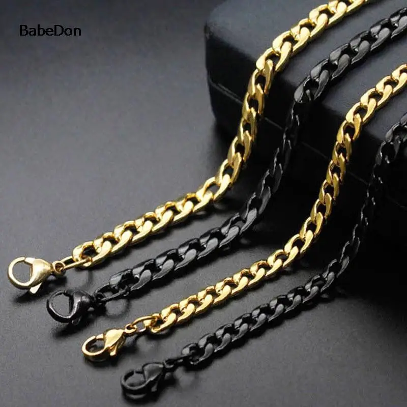 BabeDon Punk Size 2-7mm Mens Curb Cuban Link Chain Stainless Steel Necklace Women Silver Color Male Jewelry Gifts For Hiphop Boy