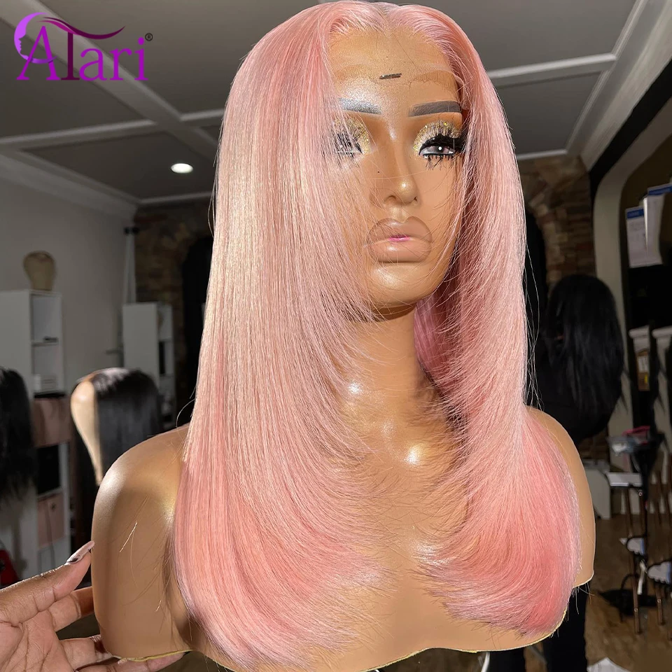 

13x4 Lace Frontal Straight Bob Human Hair Wigs Light Champagne Pink Short Bob 180 Density for Women Pre Plucked Remy Hair Wig