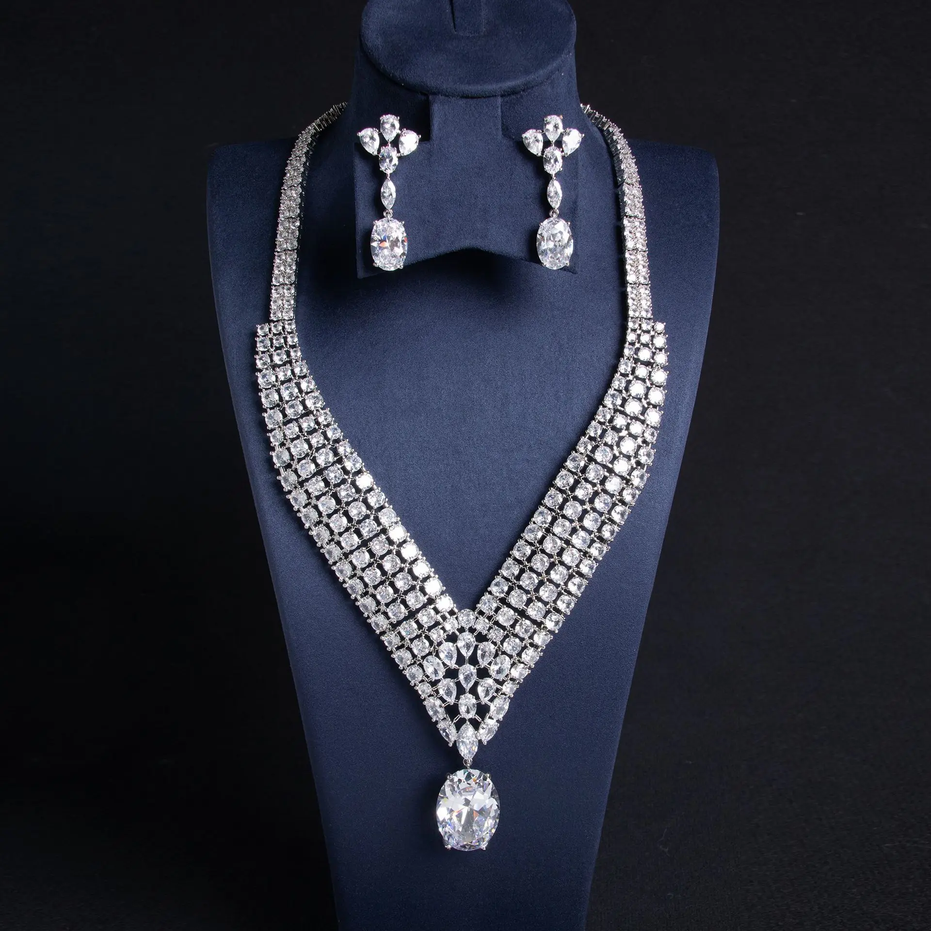 Water Drops Hip Hop Luxury Zirconia Jewellery Necklace Earrings Long Pendant Set Bridal Party Gift Evening Accessories M-296