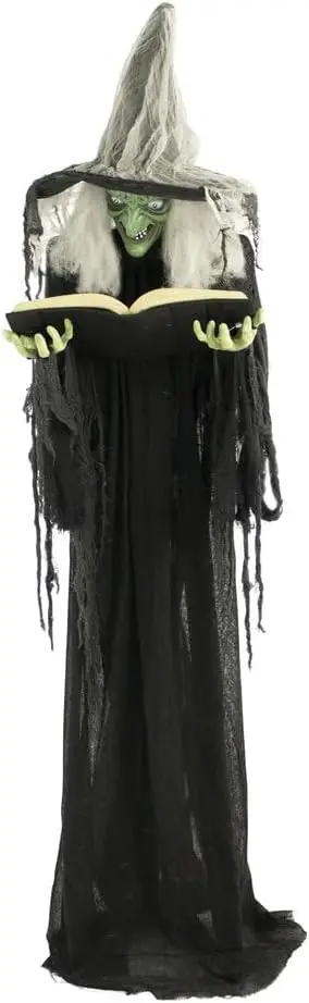 Life-Size Halloween Animatronic Witch Figure with Spell Book, Touch-Activated Lights & Sounds, Poseable Battery-Operated Indoor or Covered Outdoor Decoration