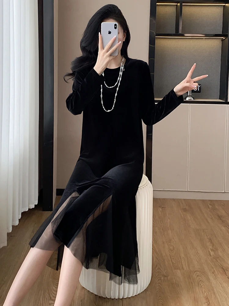 NYFS-فستان كوري نسائي ، رداء فضفاض ، مرقع شبكي ، فساتين طويلة ، مقاس كبير ، خريف ، جديد ، #2