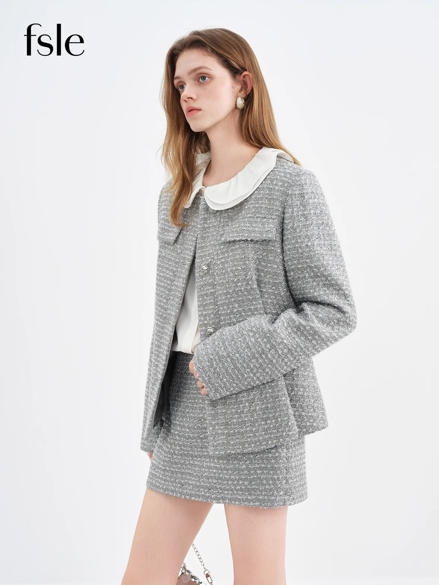 

FSLE Women's Tweed Wool Blend Suit 2025 Winter Slim Fit Cocktail Party Outfit Mini Skirts Sets Starry Gray Elegant