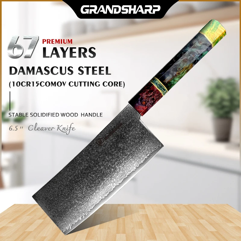 Cleaver Knife 6.5 Inch Japanese Damascus Stainless Steel Chef Kitchen Cooking Tools Meat Vegetables Fish Slicing Gadgets