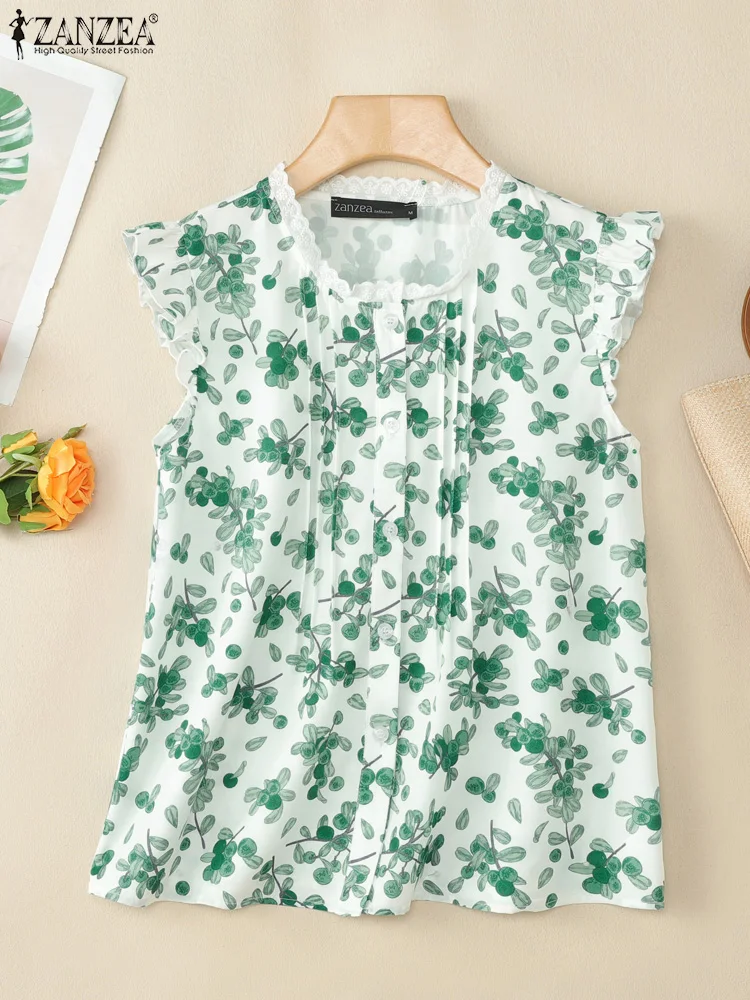 

ZANZEA Elegant Floral Printed Women Tank Tops Summer Fashion Ruffles Lace Trim Sleeveless Tops Streetwear Pintuck Button Up Tees