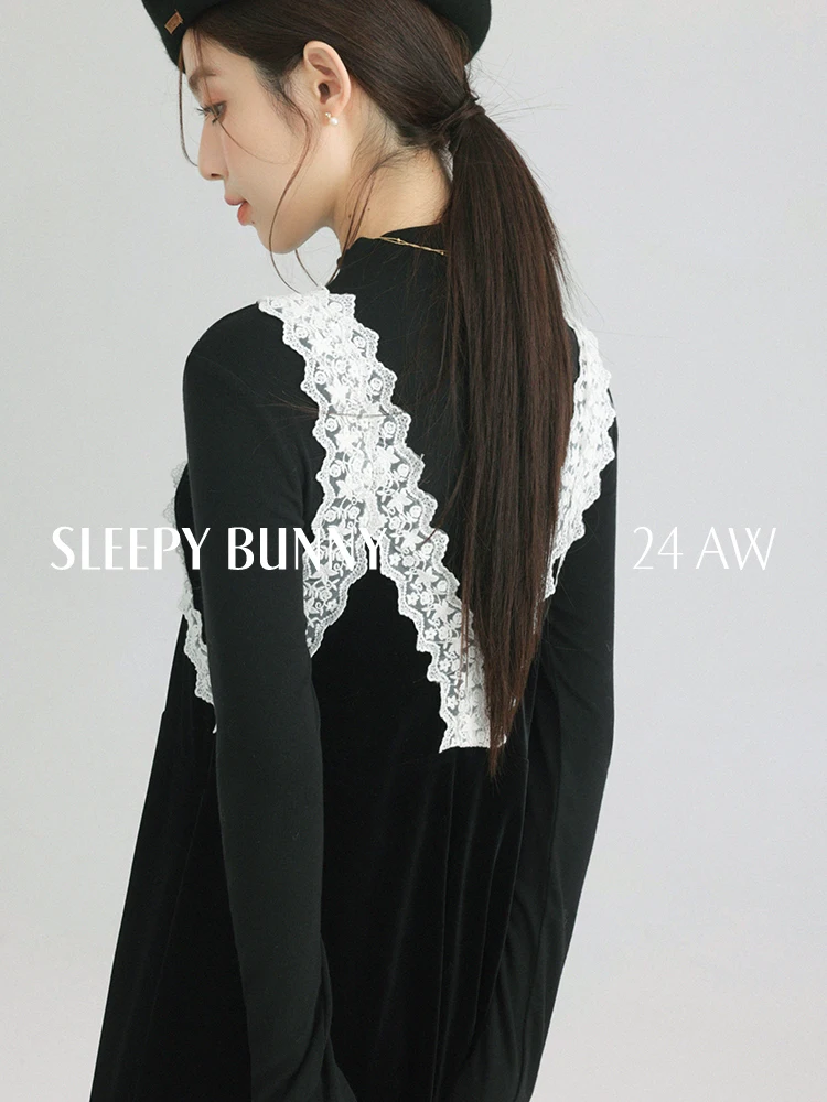 Abito a canotta con scollo a V con finiture in pizzo di velluto Abito lungo senza maniche sottile invernale da donna Elegante abito longuette a trapezio fluido con stratificazione da indossare ogni giorno