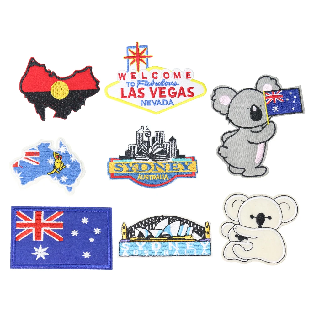 2PCS Australian Flag Animal Koala Las Vegas Sydney Opera koala Iron on Applique Embroidered Patch Sewing Fabric  Patchwork