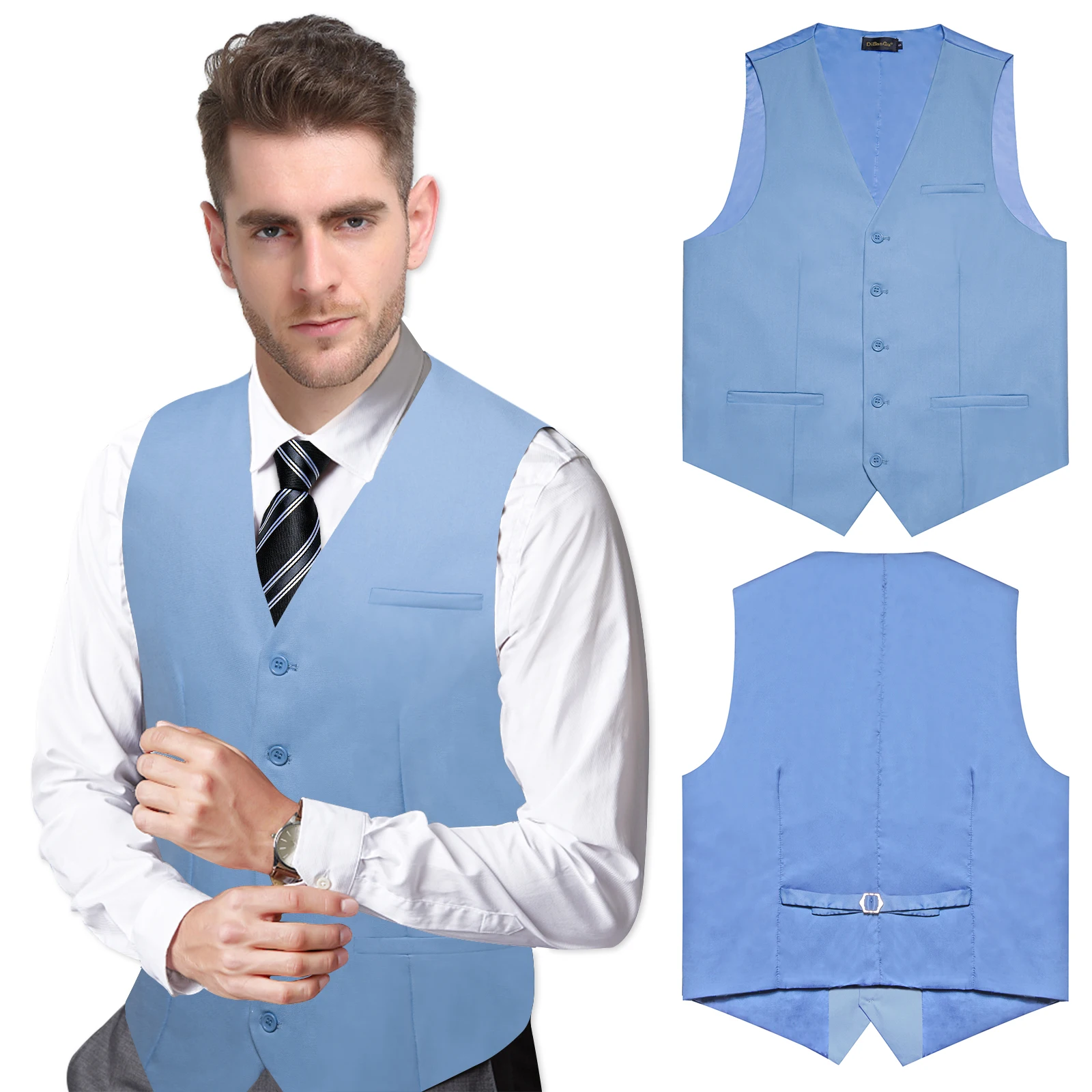 

Light Blue Men's Vest for Autumn Winter Slim Fit Casual Solid Dress Waistcoat for Man Shirt Accessory Striped Necktie Male Gifts